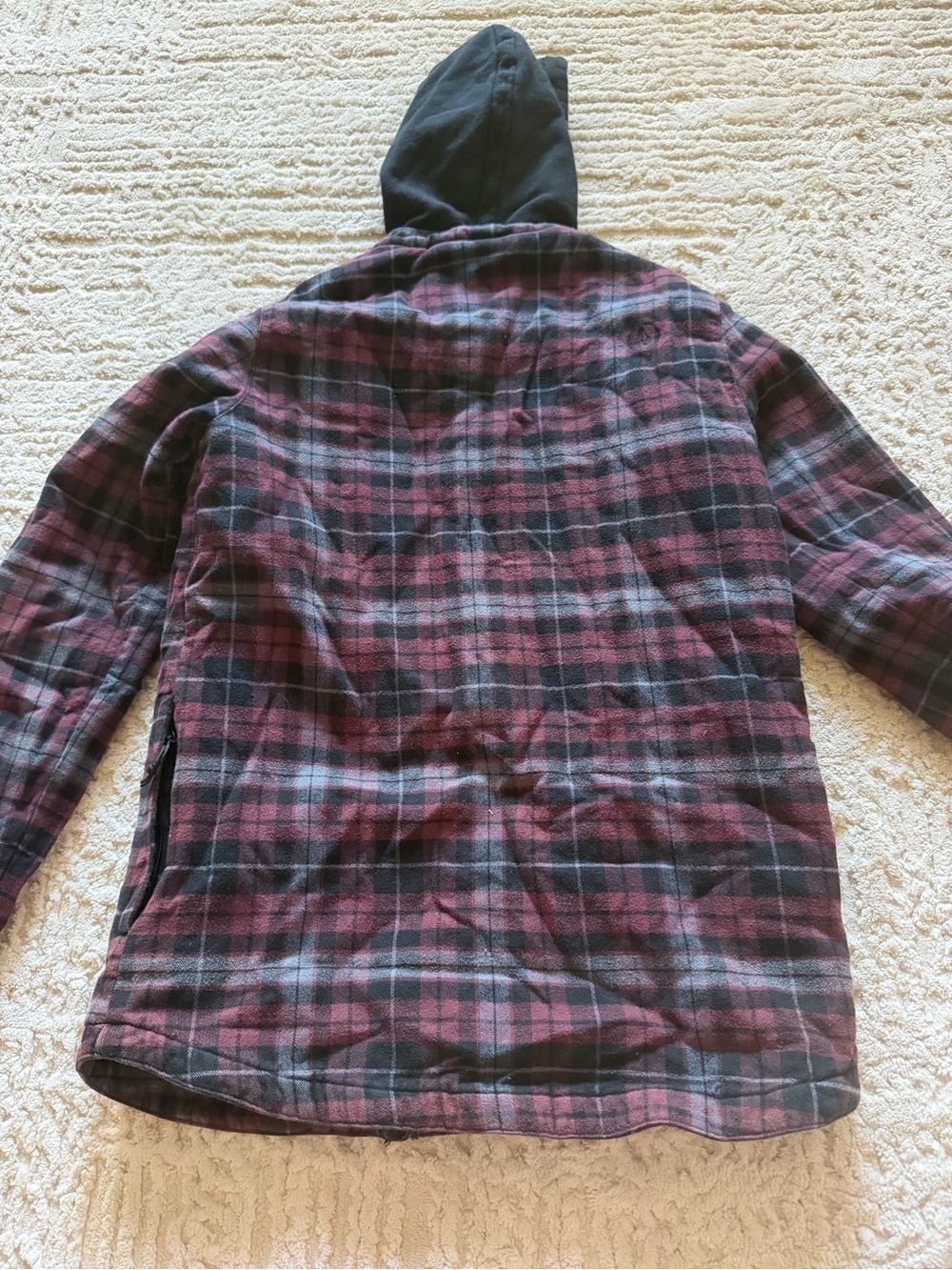 Volcom Plaid Hooded Button-Up Jacket in Burgundy and Black - Picture 6 of 6